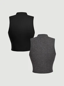 SHEIN MOD Women's 2pcs Ribbed Knit Solid Metal Buckle Mock Neck Sleeveless Slim Fit Crop Tank Top Set Black Grey Coquette Sweet Y2K For Christmas Party Fall - Multicolor - View 2