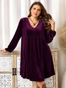 EMERY ROSE Plus Size Women's Autumn/Winter V-Neck Long Sleeve Velvet Lace Trim Patchwork Purple Dress Dinner Party Elegant Fall - Violet Purple - View 6