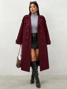 Reflora Mantel Kasual Musim Dingin Wanita Ukuran Besar Warna Polos Kancing Ganda Lengan Panjang dengan Saku - Burgundy - View 7