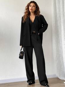 SHEIN EZwear 3件組純灰色西裝外套、背心與長褲，秋冬款 - 黑色 - 查看 4