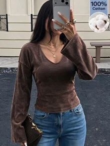SHEIN EZwear 女款素色休閒日常長袖T恤 - 棕色 - 查看 3