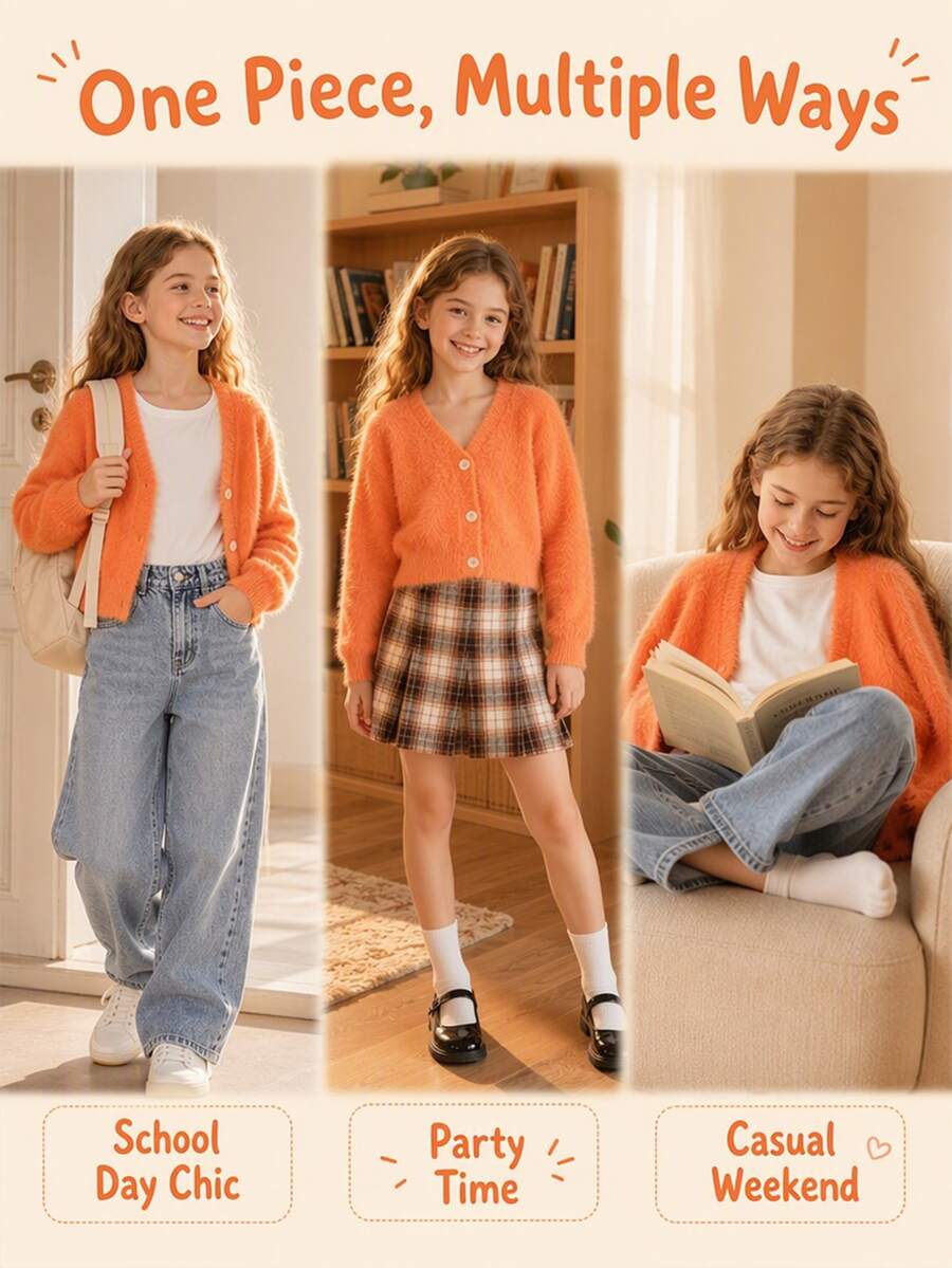 SHEIN Girls' Plush Knitted Cardigan, Versatile For Daily Wear And Outings, Suitable For Halloween And Christmas Holiday Parties - Orange - View 1