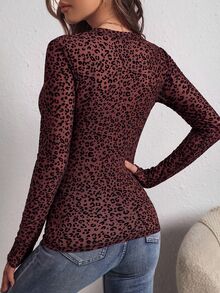 SHEIN PETITE CURVE 大尺碼女款性感透視豹紋長袖上衣 - 酒紅色 - 查看 2