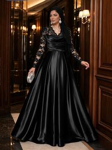 Auveirra Plus Size Women's Lace Patchwork Pleated Elegant Waist-Cinching Party Dress Fall - Black - View 10