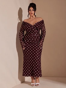 SHEIN BAE 大尺碼女款秋冬長袖波點V領抓皺露肩優雅洋裝，棕色洋裝 - 紫紅色 - 查看 4