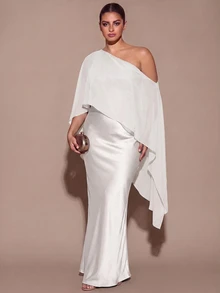 SHEIN BAE CURVE 大尺碼女款優雅長版不對稱單肩洋裝 - 白色 - 查看 5