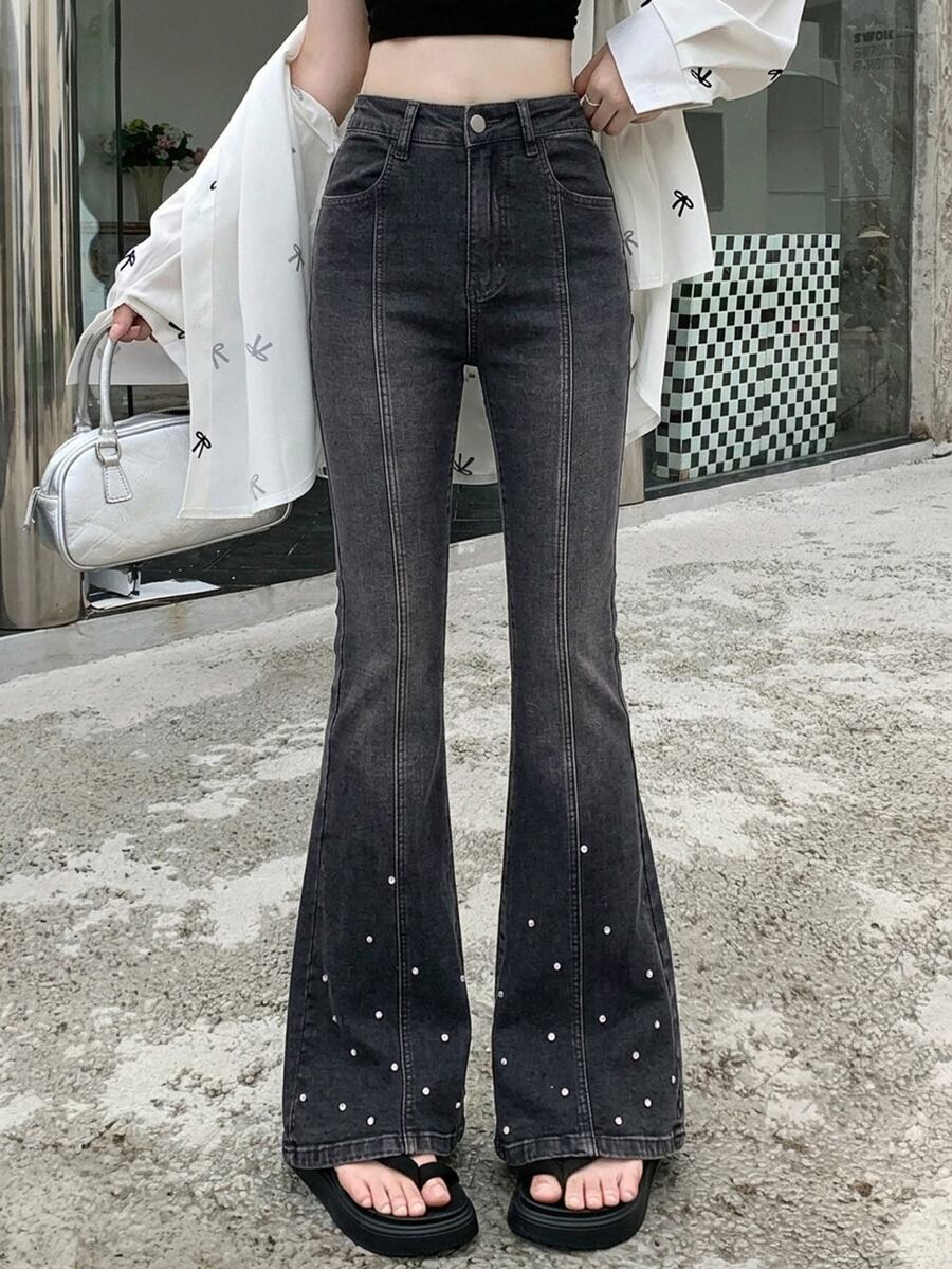 DAZY Women's Casual Daily Flare Jeans With Pocket And Button Fall - Black - View 1