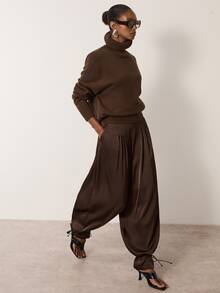 MERLEAU Women's Modern Satin Brown Balloon Pants - Brown - View 6