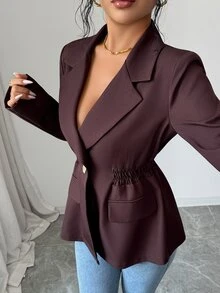 SHEIN Women's Dark Brown Notch Lapel Blazer, Single Gold Button, Ruched Waist, Slim Fit, Long Sleeve, Elegant Office Suit Jacket - Brown - View 6