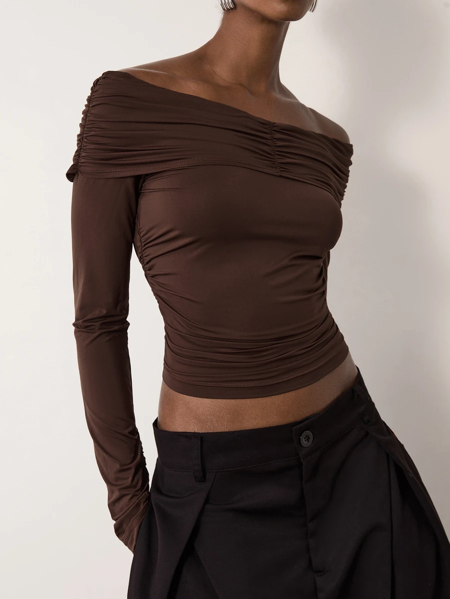 MERLEAU Women's Dark Brown Slim-Fit Solid Ruched Shoulder Long Sleeve Top, Autumn Modern Sexy Style For Night Out, Going Out And Date Nights,Tops - Brown - View 1
