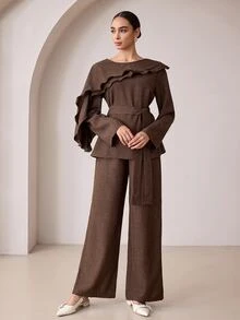 Graceveil Women's 2 Pieces Set With Layered Ruffle Waist Tie Cinched Top And Wide Leg Pants, Suitable For Commuting, Vacation, Daily Wear - Brown - View 3
