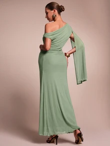 MaterniChic Maternity Solid Color Asymmetric Neck Ribbon Design Slim Fit Elegant Dress - Green - View 4