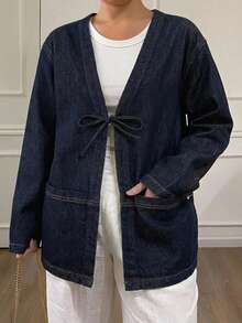 Dazy Plus Dark Wash Vintage Loose Fit Tie-Up Large Pocket Blogger Style Spring/Autumn New Denim Jacket - Dark Wash - View 4