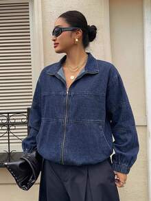 Dazy Plus Áo khoác denim nữ size lớn phong cách đường phố, màu xanh đậm giặt kiểu vintage, dáng rộng, cổ mở, tay dài, khóa kéo phía trước - Rửa tối - Xem 7