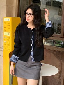 DAZY Black Round Neck Plaid Patchwork Cuff Button Long Sleeve Casual Knit 2 In 1 Cardigan Sweater Fall - Black - View 6