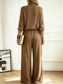 Holdful Holdful Women's Solid Color Long Sleeve Top And Pants Casual Daily 2 Pieces Set - Brown - View 2