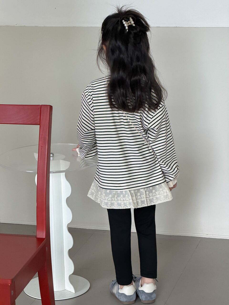 Young Girl) Striped Contrast Lace Trim Long Sleeve Casual Loose Fit Autumn Set