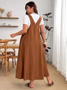 Enliva Plus Size Loose Black Strap Dress - Brown - View 2