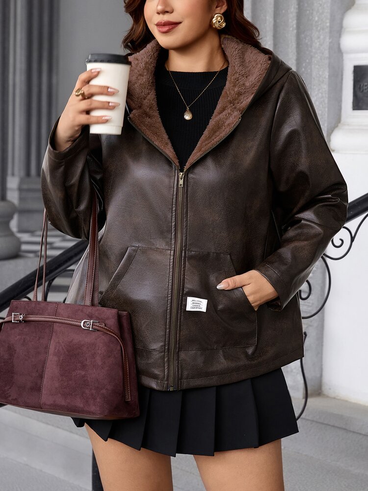 Chikora Plus Size Women's Thermal Lined Fashionable Versatile Daily Casual Jacket - Brown - View 3