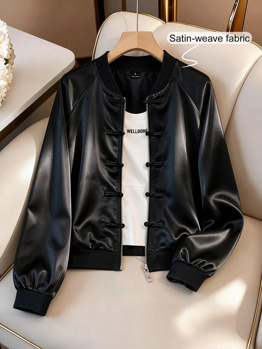 GlowEve Women's Solid Color Raglan Long Sleeve Frog Button Front Casual Baseball Jacket - Black - View 1