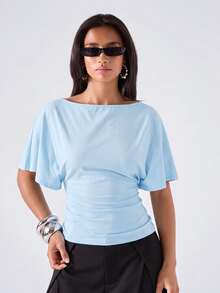 LYSMO Women's Casual Comfortable Wide Collar Light Blue Ruched Waist Mid-Length Sleeve Top - Baby Blue - View 5