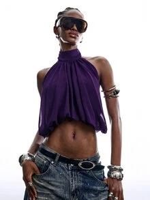 LYSMO Women's Casual Deep Purple Cropped Fashion Halter Neck Tank Top - Purple - View 7
