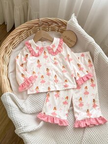 SHEIN 女嬰卡通印花荷葉袖上衣與長褲家居服套裝 - 米色 - 查看 5