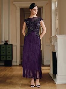 Anewsta Women's Best-Selling Bohemian Style High-End Banquet Patchwork Tassel Beaded Dress - Purple - View 5