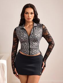 Slayform Fashionable Sexy Lace Patchwork Leopard Print Sports Jacket - Multicolor - View 3