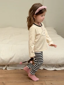 Dazy Kids Baby Girl Long Sleeve Top And Striped Long Pants Casual Daily Home Sleepwear Set Fall - Black and White - View 10