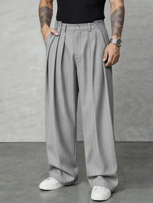 SLATEMANN Men's Navy Blue Striped Long Pants, Fashion Design Loose Fit Versatile Casual Wide Leg Trousers - Light Grey - View 3