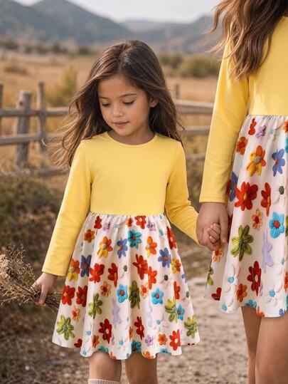 Young Girls Young Girl Yellow Knitted Patchwork Ditsy Floral Waist-Cinching Dress, Casual Daily Holiday Versatile