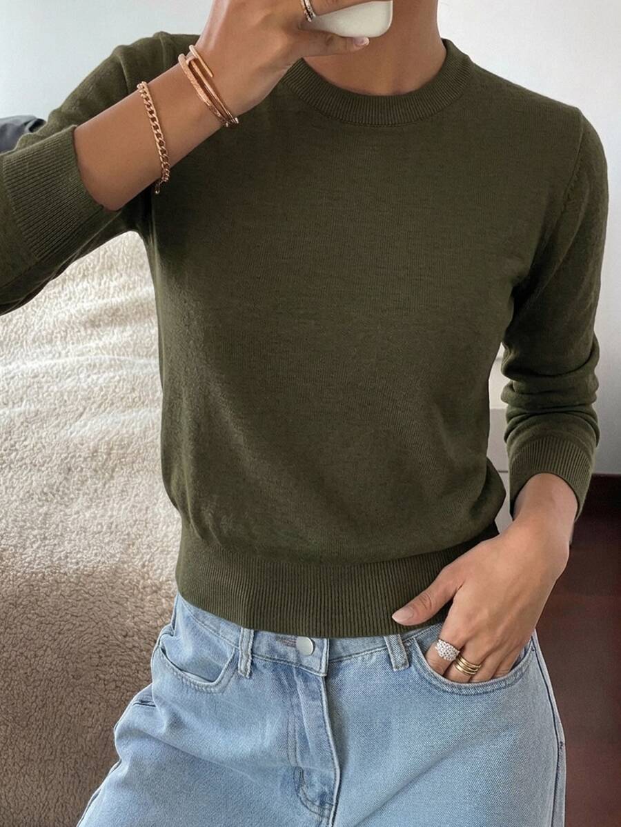 DAZY Women's Crew Neck Loose Fit Basic Sweater - Grey - View 1