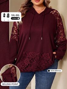 SHEIN CURVE+ Plus Size Women's Solid Green Lace-Trimmed Raglan Sleeve Drawstring Hooded Sweatshirt Fall - Burgundy - View 1