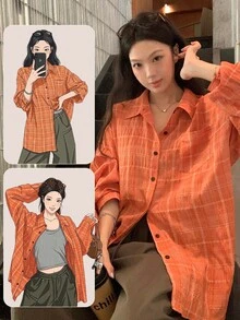 Dazy Kids 青少年女孩秋季休閒基礎款翻領長袖襯衫 - 橘色 - 查看 10