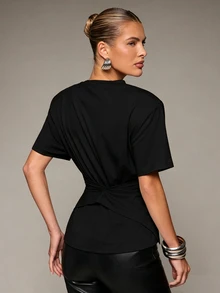 Hauture Women's Summer Fashion Casual Oversized Padded Shoulder Criss-Cross Design T-Shirt - Black - View 2