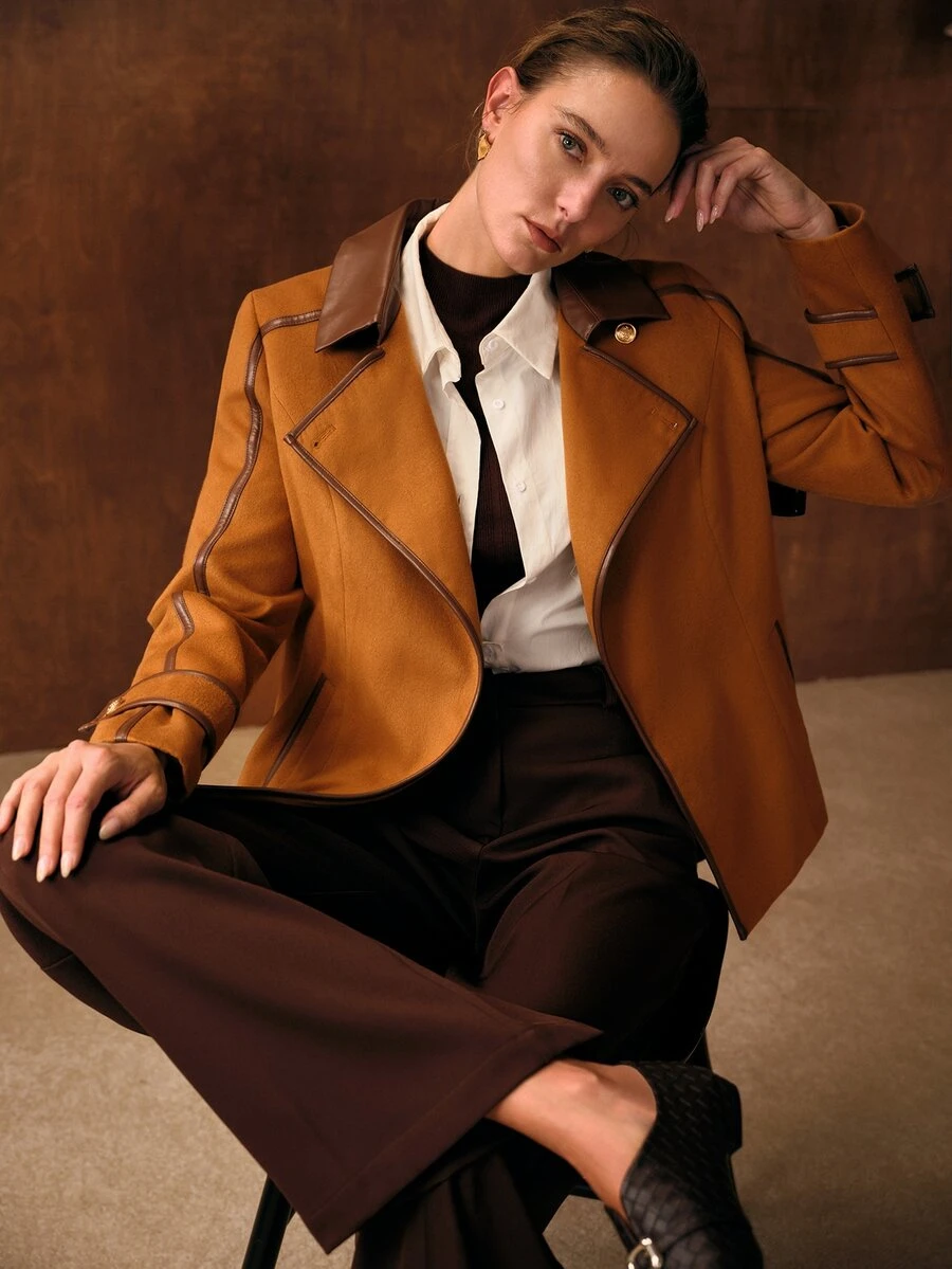 MOTF SHORT PREMIUM LAPEL WAIST-CINCHING TIE-FRONT CONTRAST COLOR WOOL BLEND OVERCOAT FOR WOMEN - Rust Brown - View 1