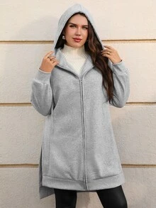 EMERY ROSE Plus Size Women's Solid Color Casual Western Daily Wear Hooded Sweatshirt Autumn Formal Vacation Grey - Grey - View 3