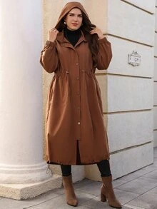 EMERY ROSE Jaket Panjang Kasual Berkerudung Wanita Ukuran Besar Warna Polos dengan Bahu Longgar dan Tali Serut di Pinggang - Coklat - View 3