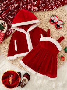 SHEIN Souflis 2pcs/Set Baby Girl Christmas Hooded Cape Shawl And Patchwork Plush Dress, Suitable For Autumn/Winter, Christmas Party Outfit - Red - View 7