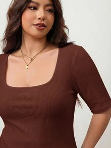 Enliva Plus Size Women's High Elasticity Fitted Square Neck Short Sleeve T-Shirt, Skin-Friendly Spring/Summer Style, Flattering For Round Body Shape (Suitable For Apple-Shaped Body) - Rust Brown - View 5