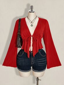 SHEIN ICON Women's Plus Size Textured Front Tie Top - Red - View 6