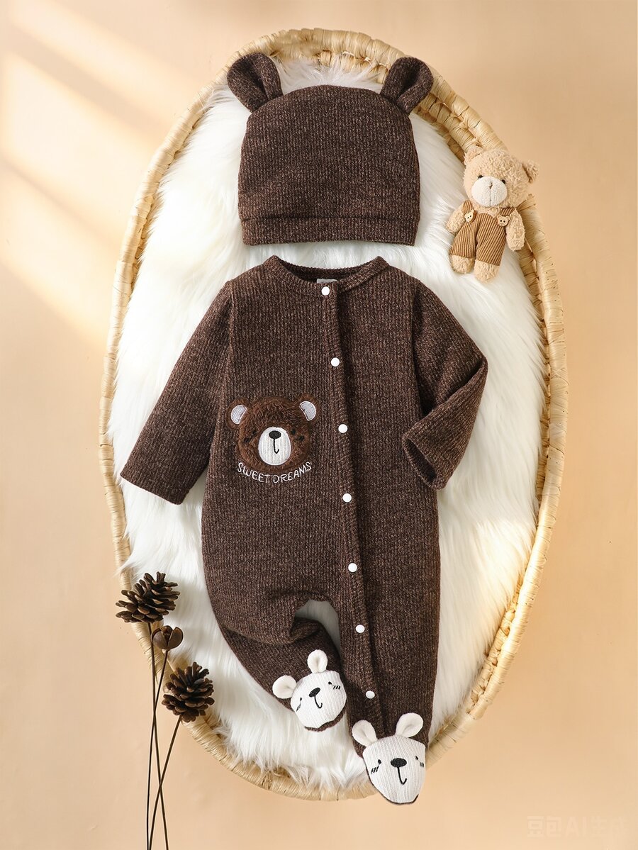 SHEIN New Gray Cute Elephant Embroidered Long Sleeved Jumpsuit For Male And Female Babies - Brown - View 1