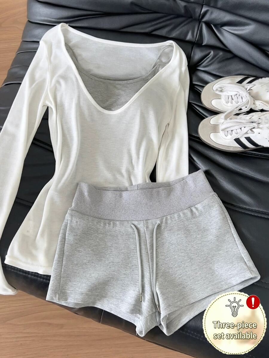Franclia Sexy Low Neck Layered Long Sleeve Top + High Waist Sweat Shorts Home Set, Gentle Style 2 Pieces Base Layer & Casual Sports Shorts 3 Pieces Set - White - View 1