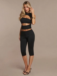 SHEIN BAE طقم نسائي من قطعتين للخريف/الشتاء، توب أسود مثير بتصميم مفتوح وبنطلون متوسط الطول - الأسود - مشاهدة 5