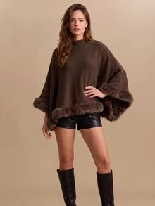 CielaLinda Autumn/Winter Elegant Fluffy Patchwork Cape Knit Sweater - Brown - View 5