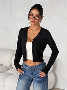 SHEIN PETITE Women's Black Warm Cardigan Sweater – Casual & Work-Ready (Petite Fit) - Black - View 3