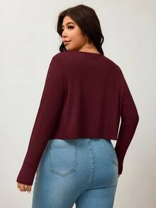 Enliva Plus Size Women's Black Ribbed Knit Cropped Cardigan – V-Neck Button-Front Sweater For Effortless Layered Style - Burgundy - View 2
