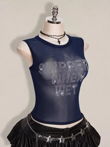 SHEIN ICON 大尺碼 Y2K 夏季黑色性感透視網紗水鑽亮片露背修身背心（附水鑽字母裝飾） - 藏蓝色 - 查看 9