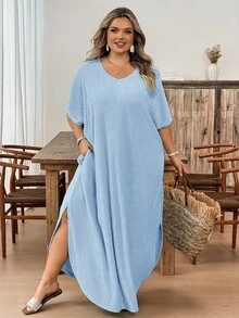 SHEIN CURVE+ 大尺碼女款純色V領蝙蝠袖口袋休閒T恤洋裝 - 淺藍色 - 查看 6